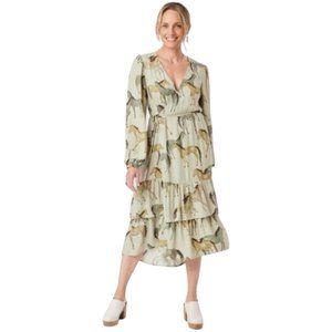 Knox Rose Womens Wrap Dress Size XS Green Horse Print Long Sleeve Tiered